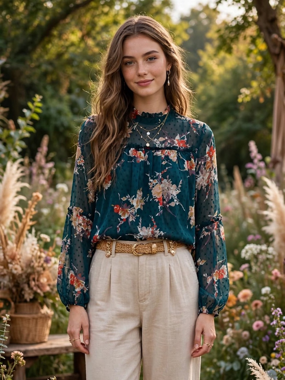 Japna Women’s Medium Teal Floral Sheer Ruffle Blouse Boho Long Sleeve
